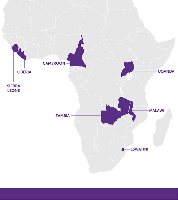 Map of Africa highlighting: Cameroon, Eswatini, Liberia, Malawi, Uganda, Sierra Leone, and Zambia.