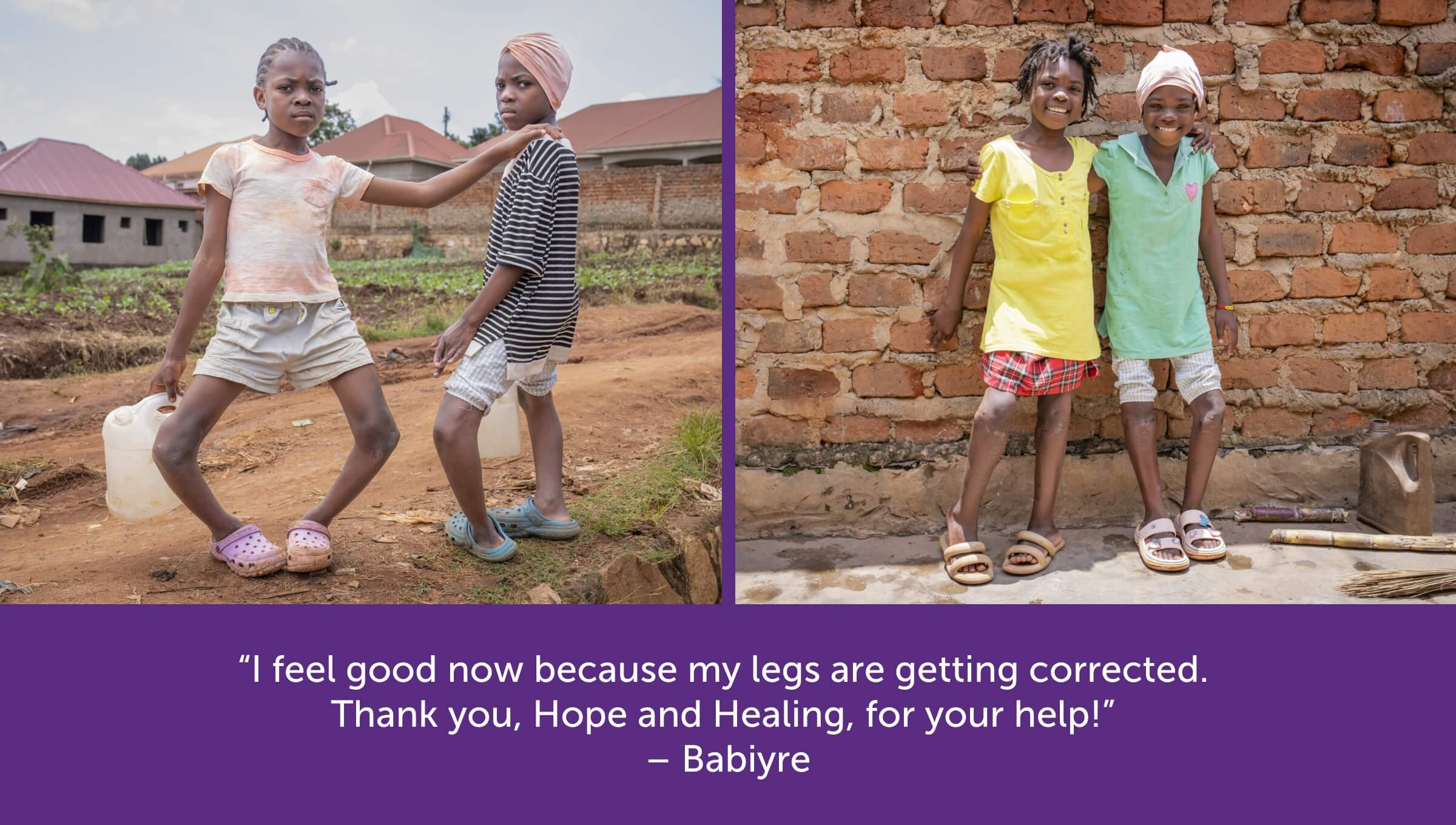 Nyakato and Babiyre standing side by side with straightened legs, smiling.