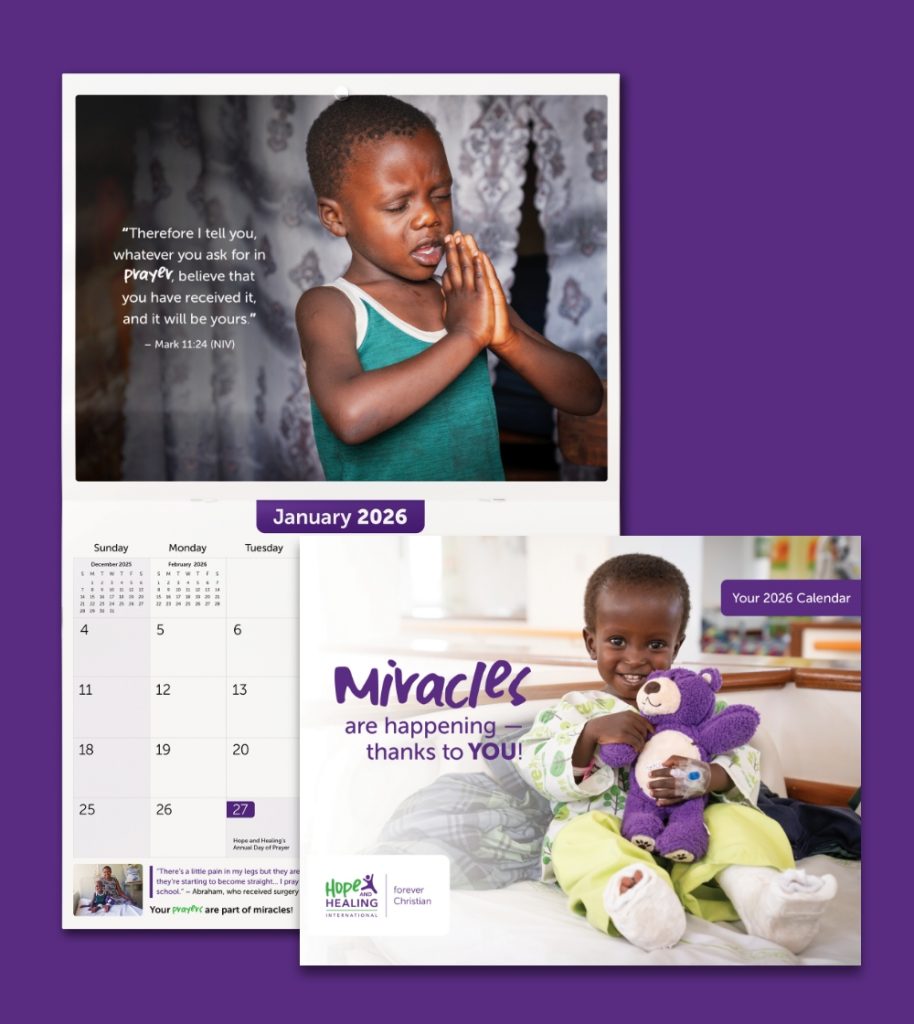 Hope and Healing International 2026 calendar cover and spread.