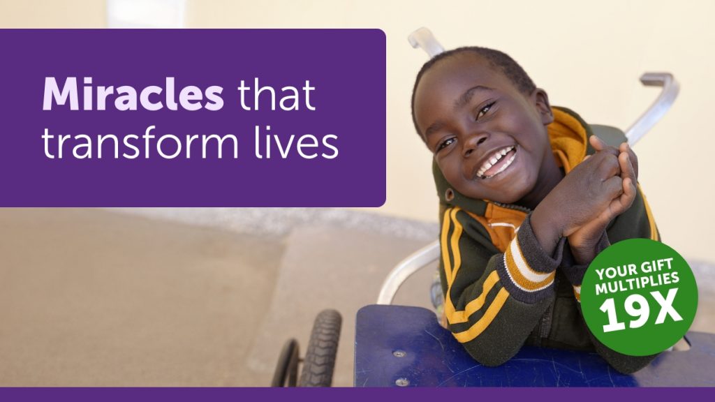 Gerald sitting in a wheelchair smiling. Text reads "miracles that transform lives" and "your gift multiplies 19 times."